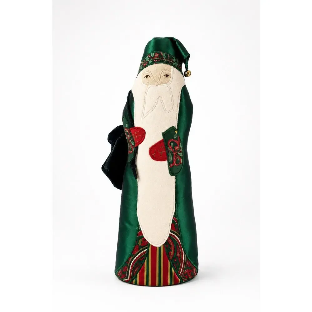Vintage Folk Art Fabric Santa Claus Figure Green Satin Robe Christmas 13”